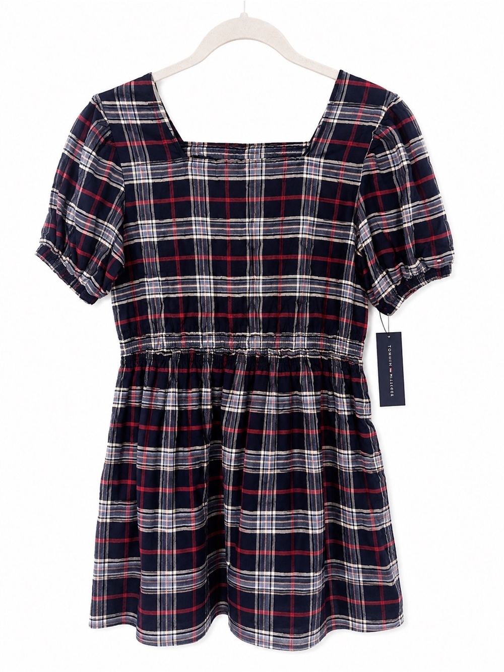 Tommy Hilfiger Girls Plaid Dress XL 16 Navy Red Puff Sleeve Smocked Waist NWT